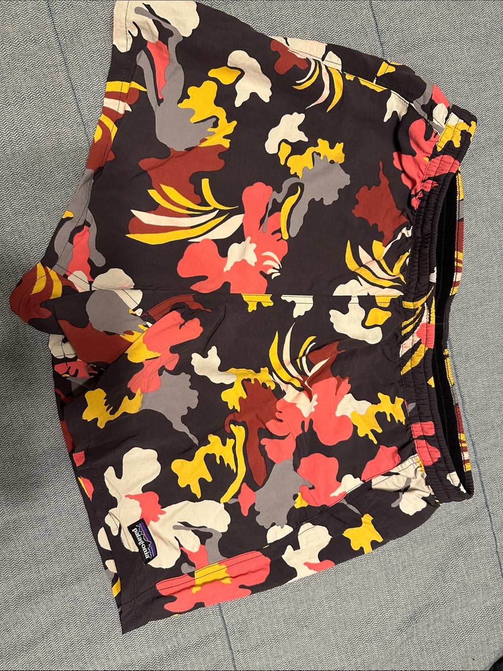 Patagonia Floral Athletic Shorts in Black, Coral & Yellow